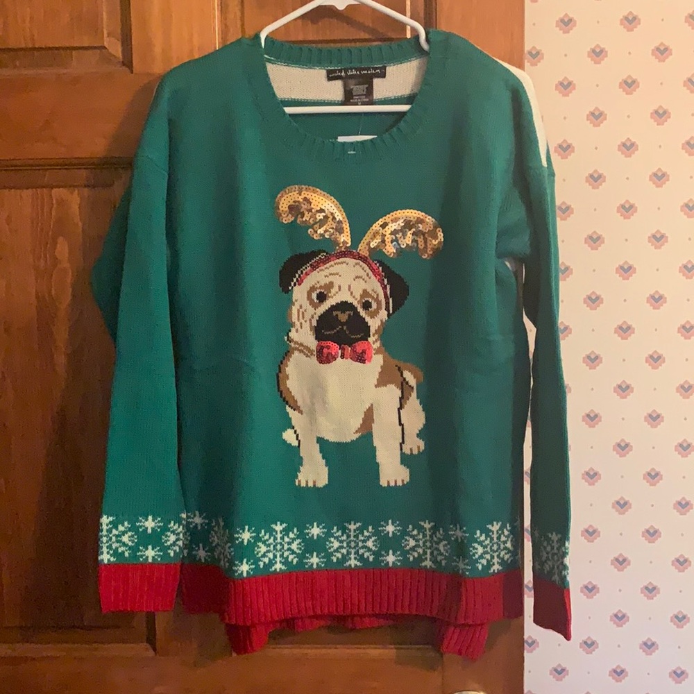 Ugly Christmas Sweater Green Teal Red Pug Sequin Antlers